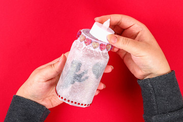 Diy Fairy Jar on red background. Gift ideas, decor February 14, St. Valentines Day, love. Handmade.