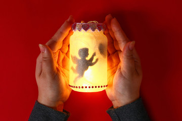 Diy Fairy Jar on red background. Gift ideas, decor February 14, St. Valentines Day, love. Handmade.