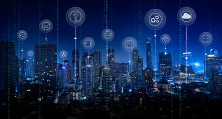 Smart city with smart services and icons, internet of things, networks and augmented reality...