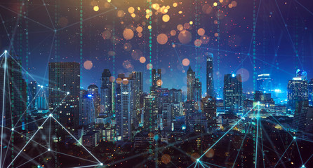 Plakat Smart city with wireless network and 5g connection technology . Bangkok city background at night .