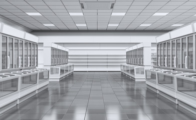 Interior empty supermarket with  showcases freezer. 3d illustration
