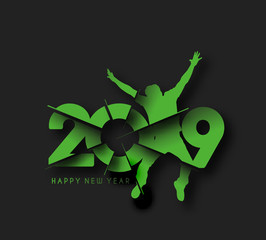 Happy New Year 2019 text with boy jumping design, Vector illustration.