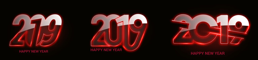 Set of Happy New Year 2019 Glowing Text Design Patter, Vector illustration.