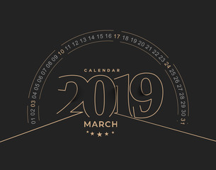 Happy new year 2019 March Calendar - New Year Holiday design elements for holiday cards, calendar banner poster for decorations, Vector Illustration Background.