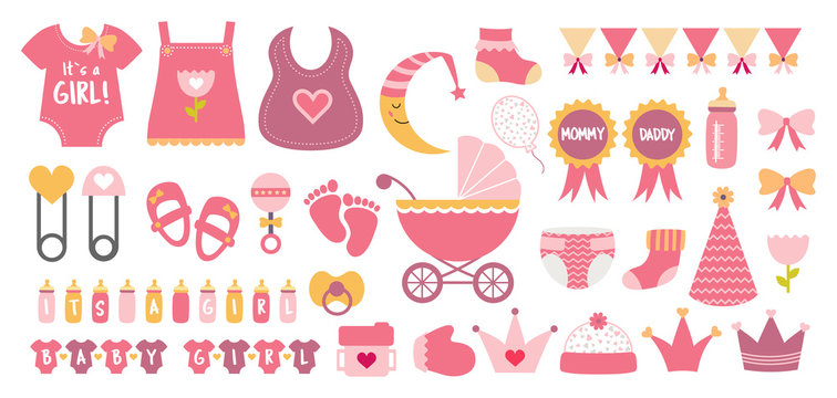 Baby shower icon vector set  pastel pink colors
