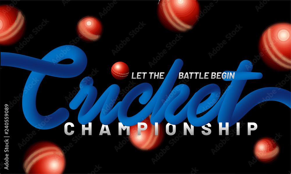 Wall mural glossy blue text cricket on blurred black background for cricket championship template or poster des