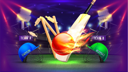 Cricket competition poster with illustration of cricket attire helmets, bats, wickets and ball in fire on night stadium background.