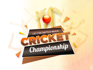 Cricket Championship poster or banner design with illustration of cricket equipments.