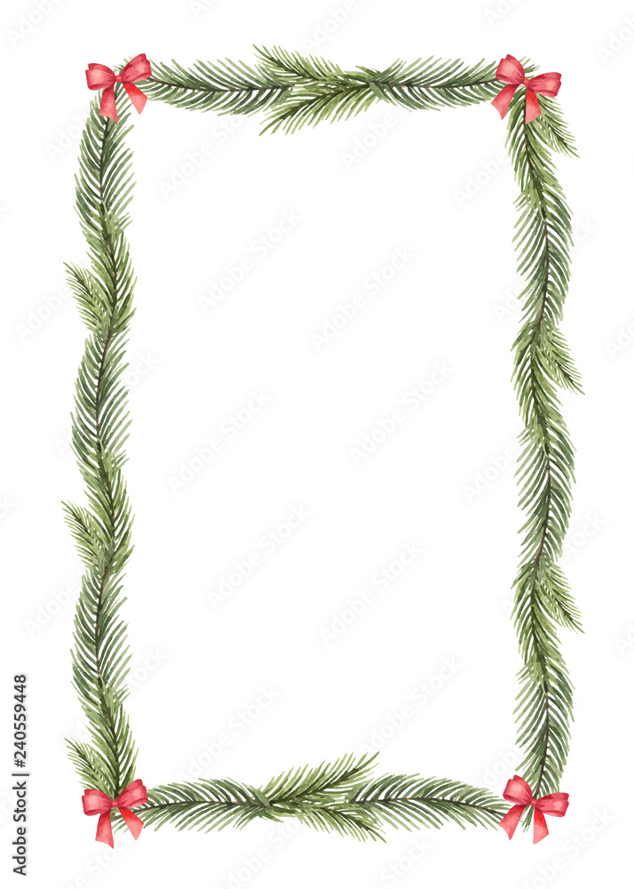 Canvas Prints watercolor vector christmas frame with a red bow and fir branches.