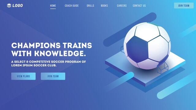 Website or mobile apps landing page design, 3d illustration of football on shiny blue background for Soccer tournament concept.