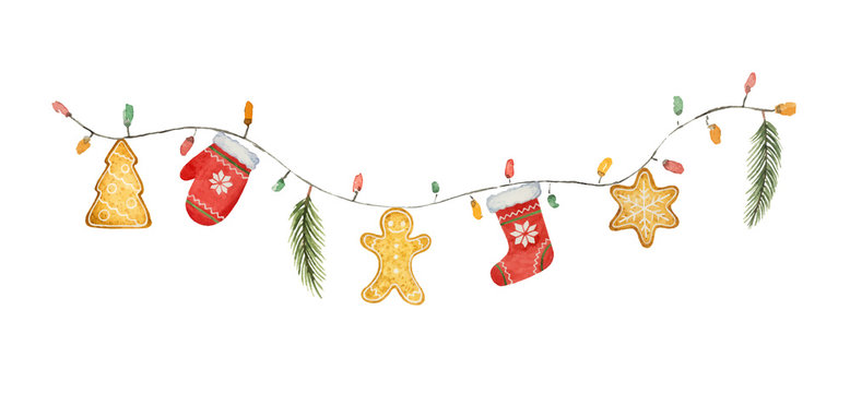 Watercolor vector Christmas garland with lights and gifts.
