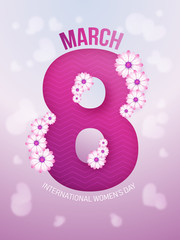 Template or greeting card design, text 8 March decorated with flowers on glossy blurred background for International Women's Day celebration.