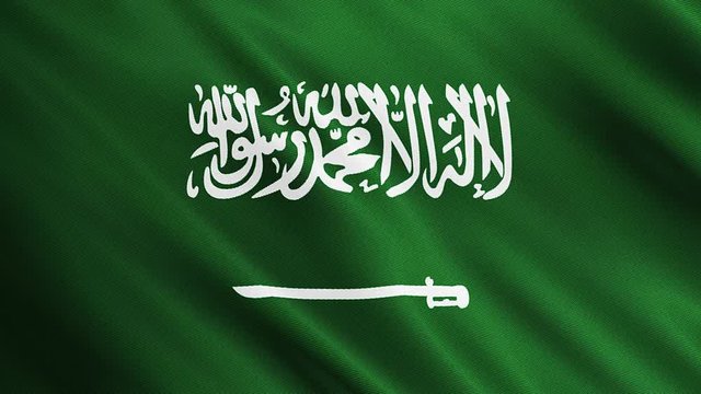 Saudi Arabian flag is waving 3D animation. Symbol of European, Saudi's, Arabic national on fabric cloth 3D rendering in full perspective.