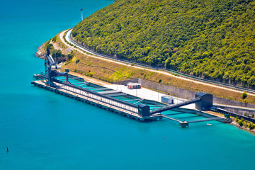 Plomin bay power plant dock for coal delivery aerial view