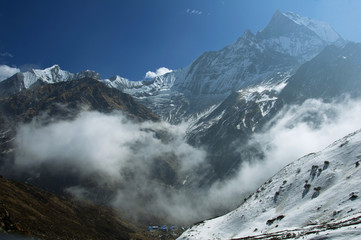 Snow mountain Machapuchare from the base camp. Trekking to Annapurna Base Camp