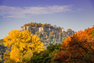 Landscape of konigstein fortress Saxon Switzerland, autumn traveling in Saxon Bastille