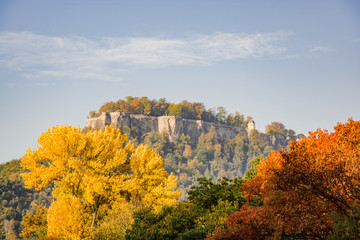 Landscape of konigstein fortress Saxon Switzerland, autumn traveling in Saxon Bastille
