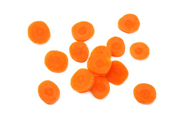 group of organic small baby carrots isolated on a white background. Top view