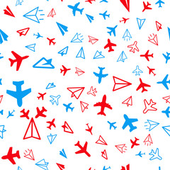 Plane Aircraft airport, Travel concept. Seamless vector EPS 10 pattern. Multicolor Figures. 