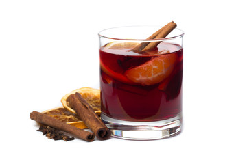 mulled wine with spices isolated on white background. Winter alcoholic cocktail. Christmas drink.