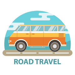 The van for travel.Tour bus.Road Trip.Travel by car.Trip mobile accommodation to a holiday on a vintage retro motor home.The vehicle for the camping.Adventure for all family.Vector in flat style.