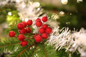 Ozdoby choinkowe - jarzębina, gałązka z czerwonymi kulkami i biały łancuch na choince - Boże Narodzenie - obrazy, fototapety, plakaty