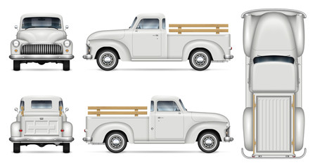 Old truck vector mockup on white background. Isolated white vintage pickup view from side, front, back, top. All elements in the groups on separate layers for easy editing and recolor.