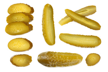 sliced marinated pickled cucumbers isolated on white background. top view