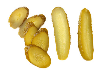 sliced marinated pickled cucumbers isolated on white background. top view