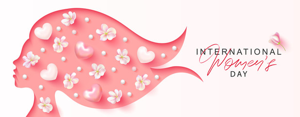 International Women's Day holiday illustration. Paper cutout girl face with flowers, hearts and beads.Vector illustration for postcards,posters, coupons, promotional material.