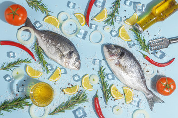 Raw dorada fish with spices, salt, lemon and herbs, rosemary on a ligth-blue background. Top view.