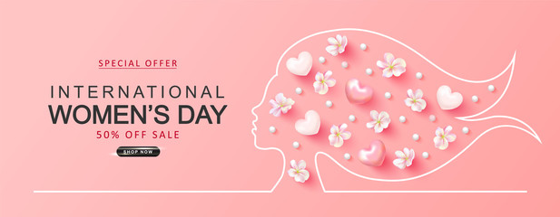 International Women's Day sale background.Paper cutout girl face with flowers, hearts and beads . Vector illustration for website , posters,ads, coupons, promotional material.