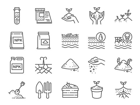 Soil line icon set. Included the icons as earth, compost, land, dirt, ground and more.
