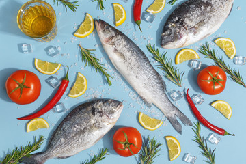 Raw dorada fish with spices, salt, lemon and herbs, rosemary on a ligth-blue background. Top view.