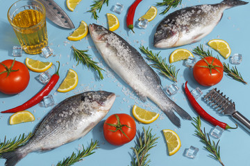 Raw dorada fish with spices, salt, lemon and herbs, rosemary on a ligth-blue background. Top view.