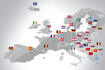Mapa Europy z flagami państw - obrazy, fototapety, plakaty
