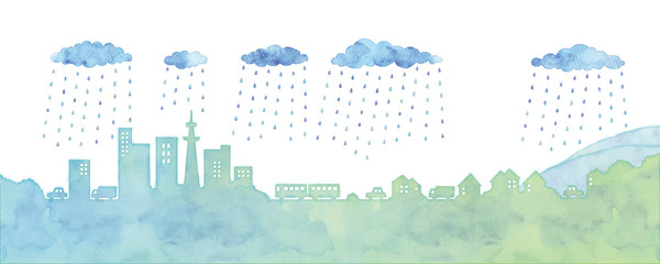 街並みと雨雲のイラスト