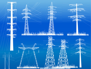 set of isolated nine electric pylols on blue