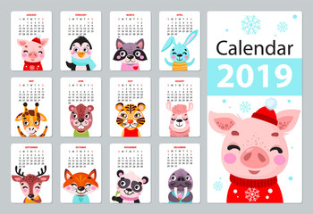 Calendar 2019. Cute monthly calendar with animals. Hand drawn characters. Vector illustration.