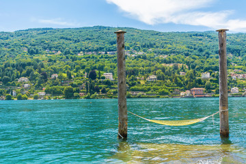 Landscape of Lago Maggiore in Italy.Hammock in the Lake 