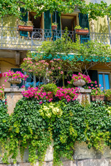 Beautiful Facade of a House with Abundantly Blooming Flowers in Italy