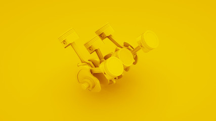 Engine pistons and crankshaft on yellow background. 3d illustration