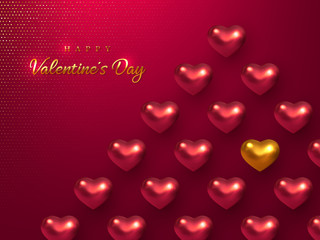 Valentines day holiday horizontal banner. 3d metallic glossy hearts with greeting golden text on vinous glitter dotted background. Vector illustration.