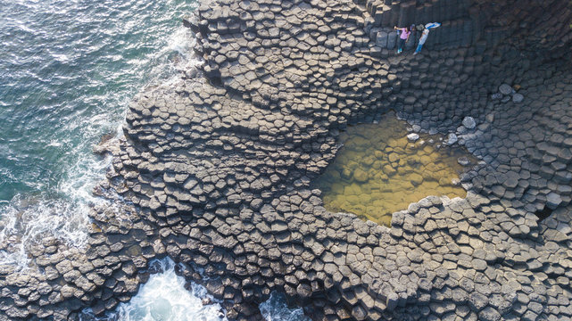 Vietnam natural landscape. Stock image of Ganh Da Dia reef in Phu Yen, Vietnam with special stones, rock make great terrain. Aerial view, top view of Ganh Da Dia sea with amazing basalt causeway shape