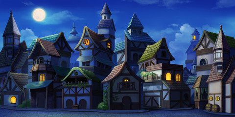 Small Fairy Tale Town Night. Fiction Backdrop. Concept Art. Realistic Illustration. Video Game Digital CG Artwork. Industry Scenery.
