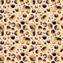 Seamless animal watercolor print. Beautiful spotted skin pattern on white background. Wild mix of leopard spots and tiger stripes, hand painted fabric design.