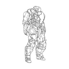 Fototapeta na wymiar Heavy space suit for combat, white outline high detail