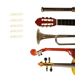 Musical instruments on a white background. Flute, guitar, violin, trumpet, mandolin. Isolated on...