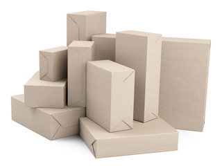 Big boxes pile wrapped in recycled paper. Parcel or gift.