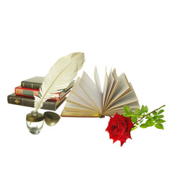 Attributes of art. Writing.. Books, writing pen and rose. Isolated on white